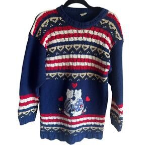 Vintage Chunky Fair Isle Red White Blue Bear Embroidered Sweater
